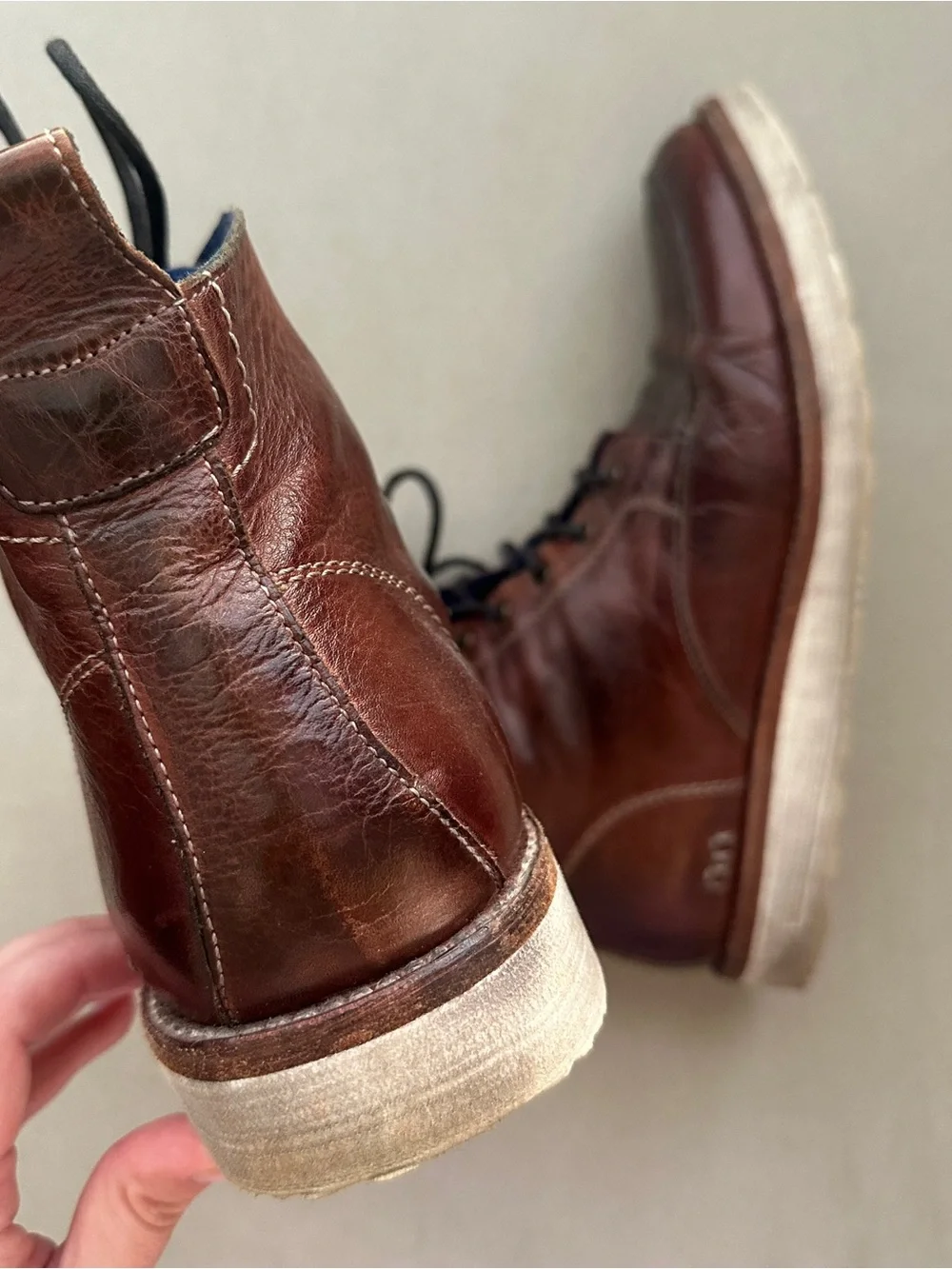 BED|STU Men's Chestnut Brown Leather Lace-Up Boots with Cream Sole